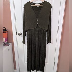 Vintage Barbara Lesser Long Sleeve Dress and Vest Set Small Dark Green
